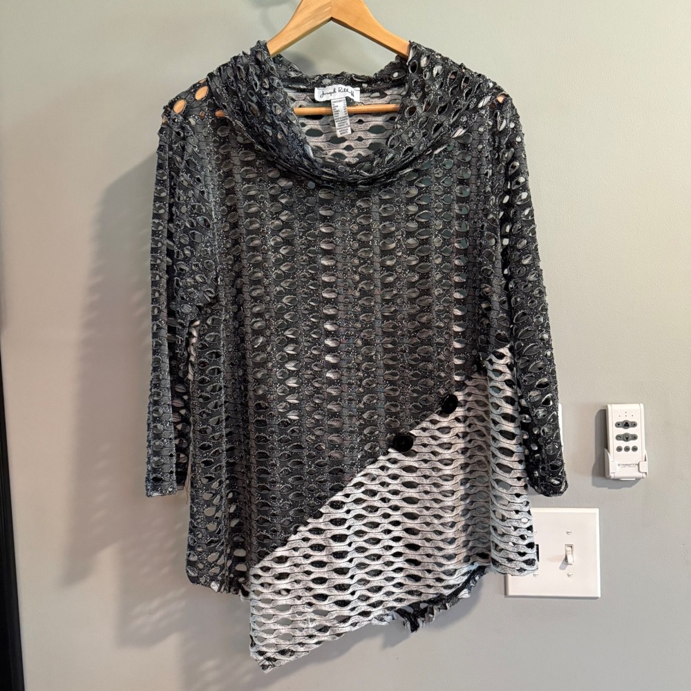 Joseph Ribkoff Tunic Top Draped Neck Long Sleeve Asymmetric Hem Size 10 Fishnet